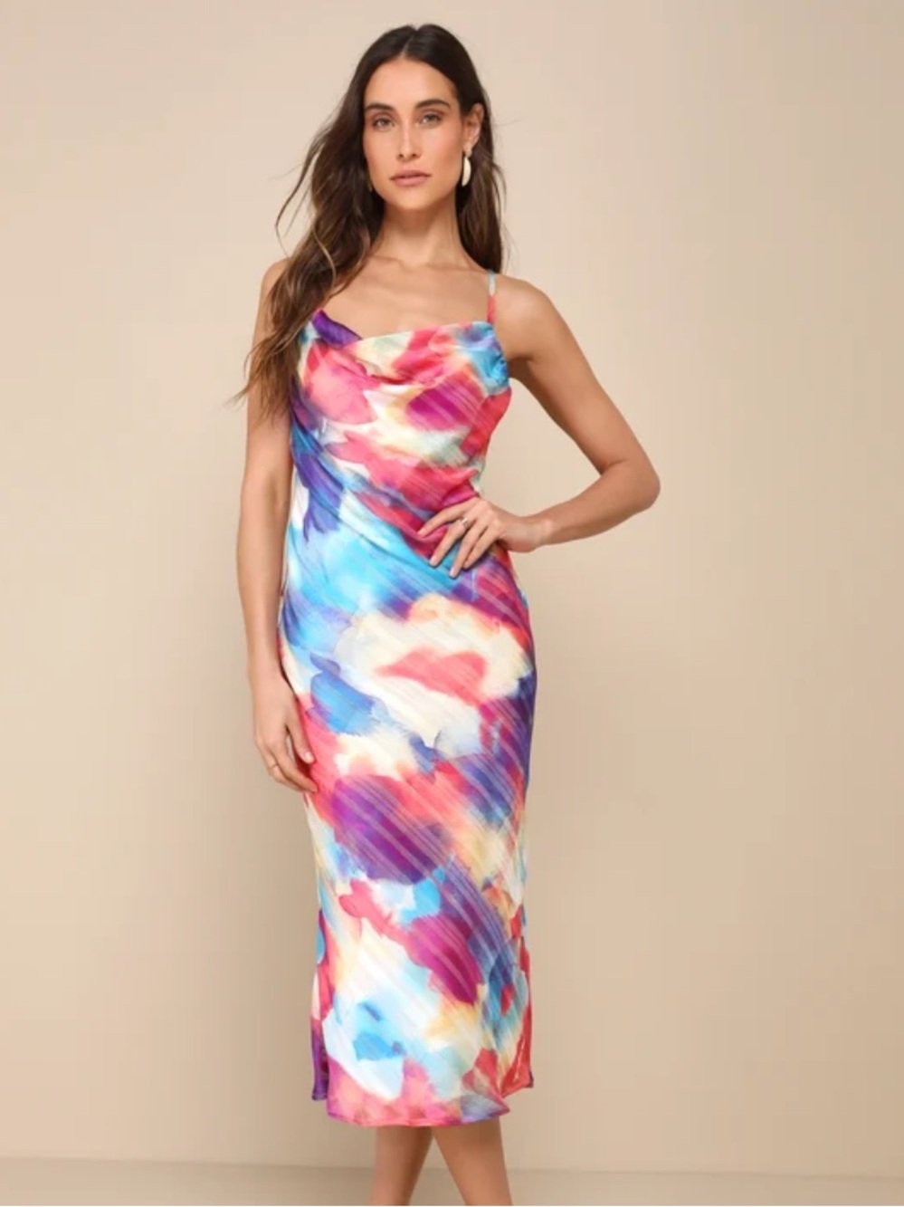 Multi-Color Watercolor Slip Midi Dress